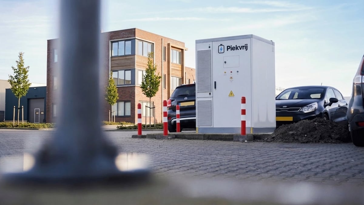 Batterijopslag van Piekvrij op het parkeerterrein bij een bedrijfspand