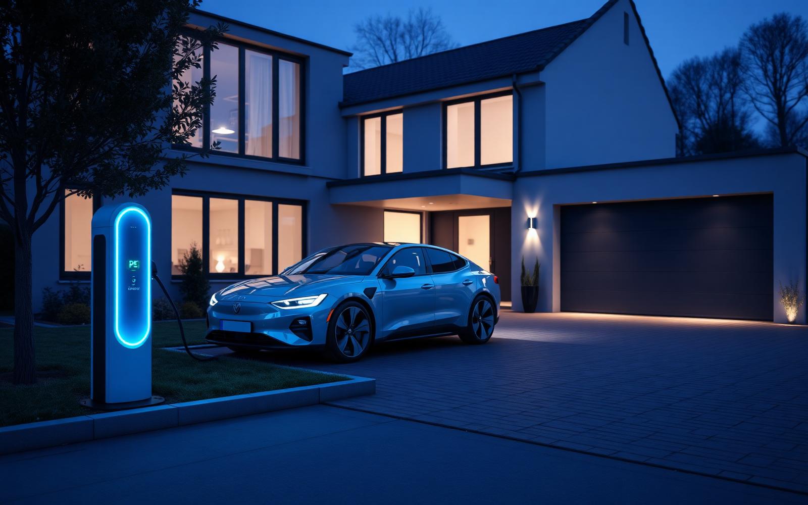 Elektrische auto laadt aan een laadpaal op de oprit van een moderne woning