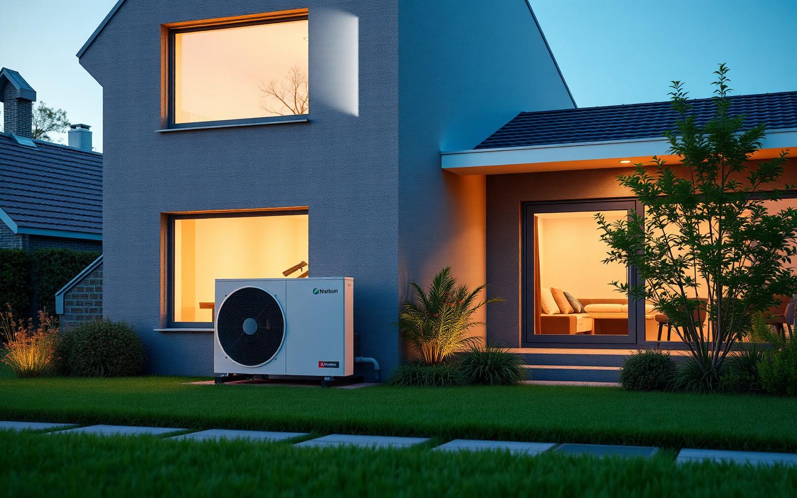 Warmtepomp naast een moderne woning in de avondzon