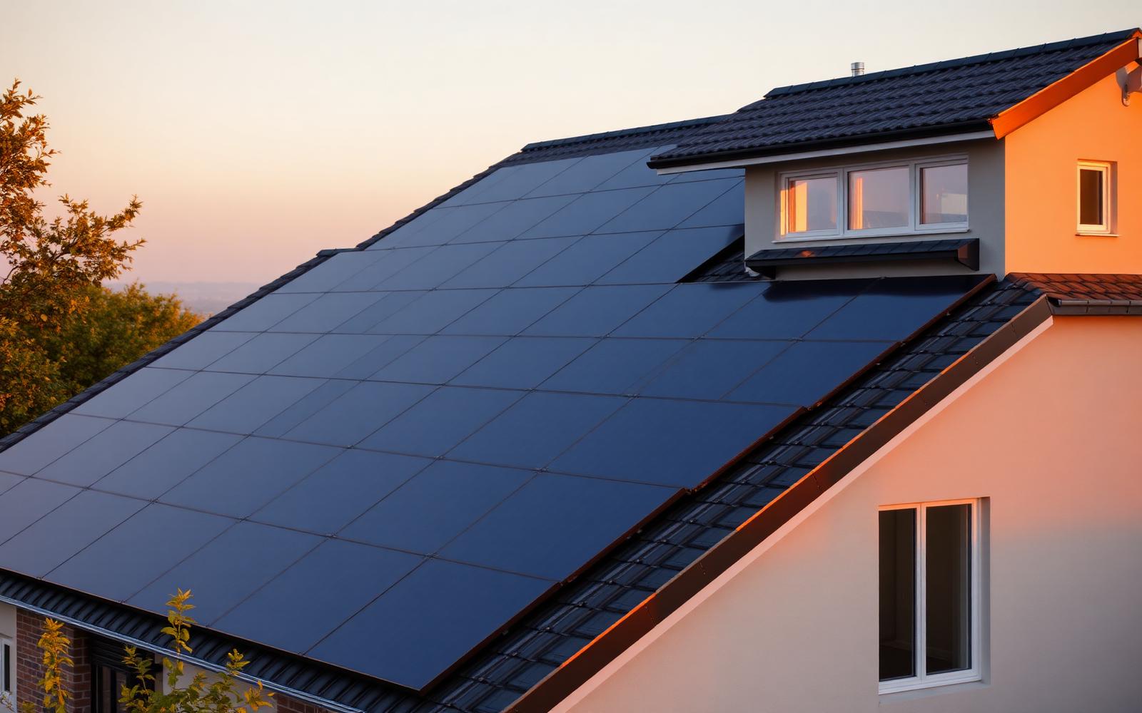 Zwarte zonnepanelen op het dak van een moderne woning bij zonsondergang